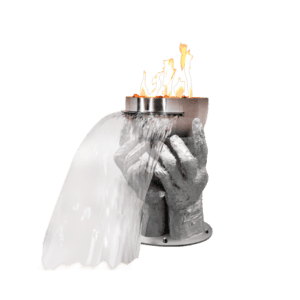 Waterfall of water and fire in stainless steel and fiberglass structure.